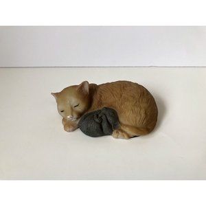 Resin sleeping cat with mouse figurine